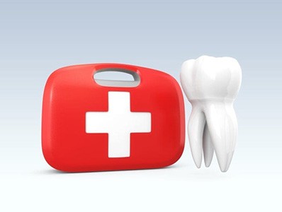 Animated tooth next to first aid kit representing emergency dentistry